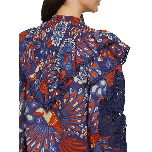 Farm Rio Pineapple Flowers Navy Ruffled Blouse Size XS - Picture 11 of 16